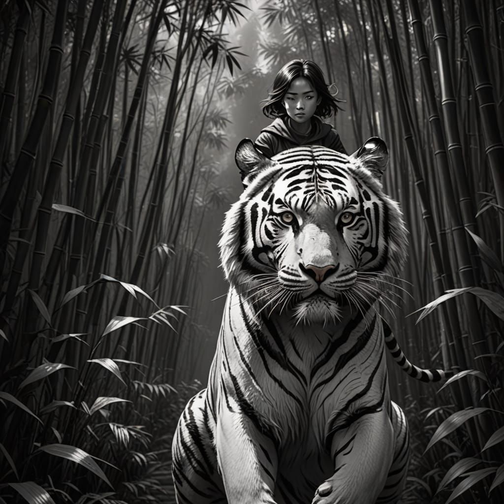 Woman Riding a Tiger in a Bamboo Forest, Manga Style