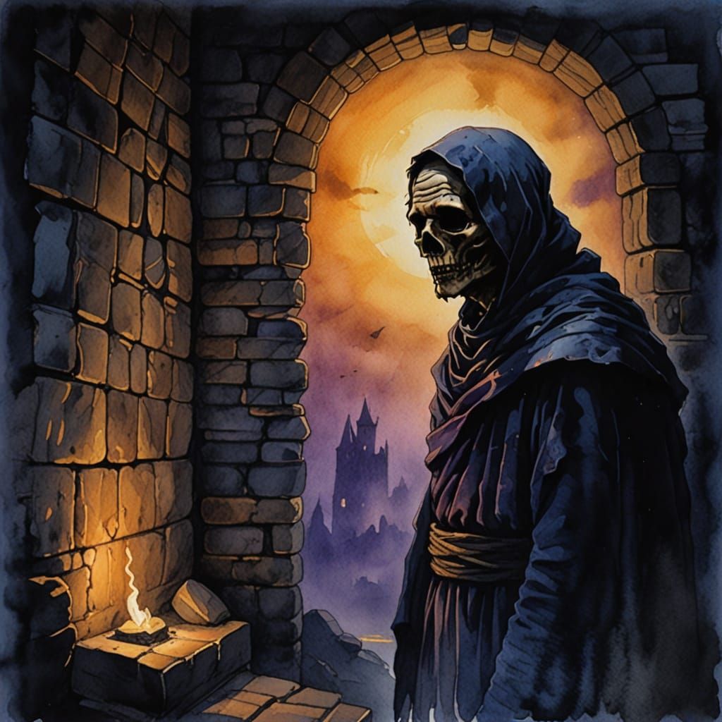 Mysterious Ancient Crypt in Dark Gothic Watercolor Style