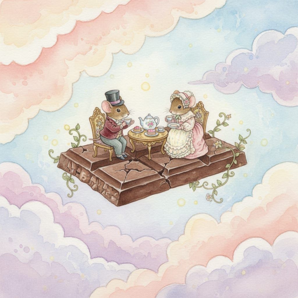 Mice Tea Party On Chocolate Bar In Watercolor Style