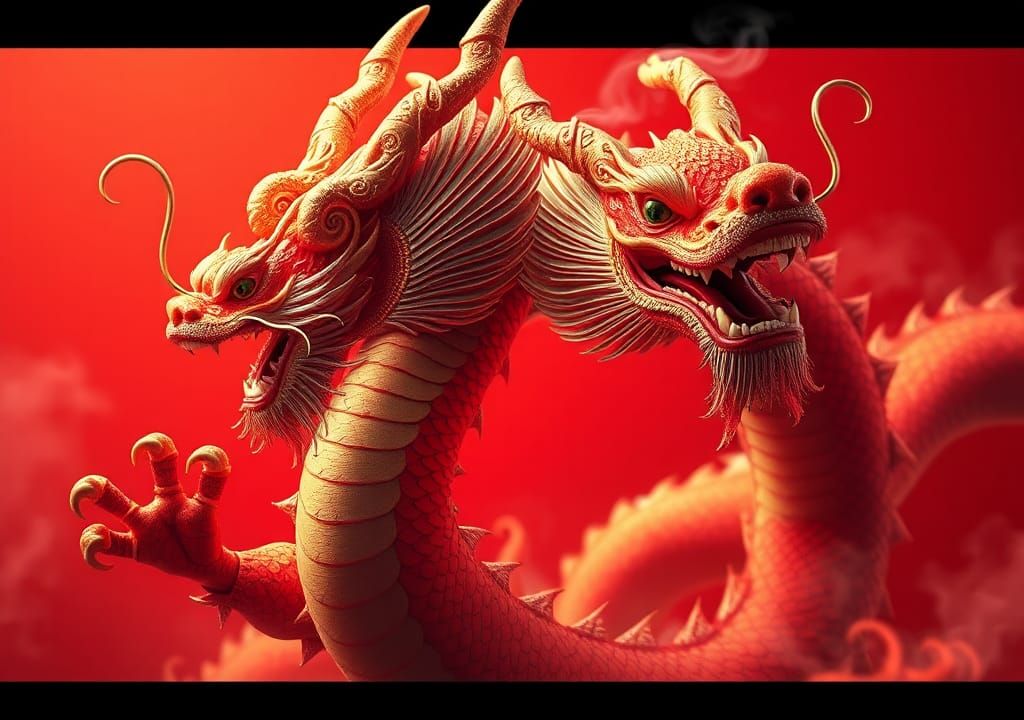 Majestic Chinese Dragon on Fiery Red Background