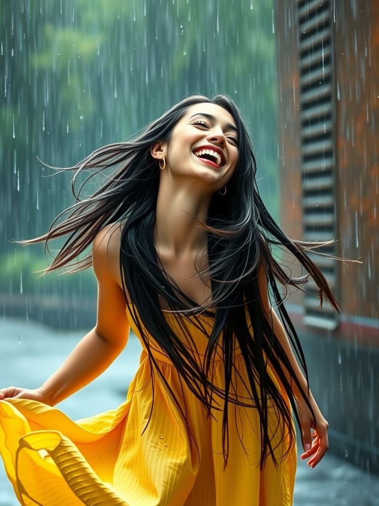 Woman in Yellow Sundress Twirls in Rainy Downpour