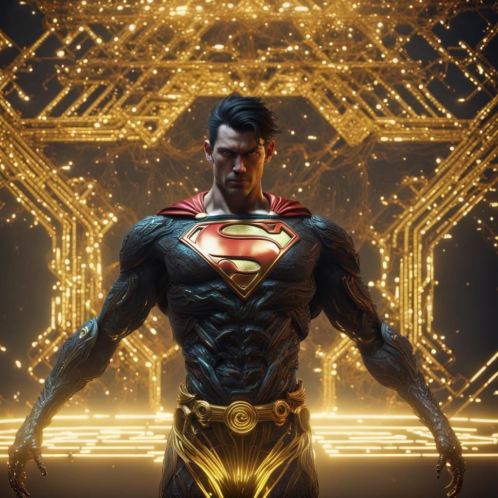 Cyberpunk Superman Render with Golden Filigree
