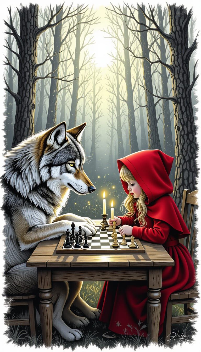 Surreal Gothic Chess Match Between Wolf and Girl