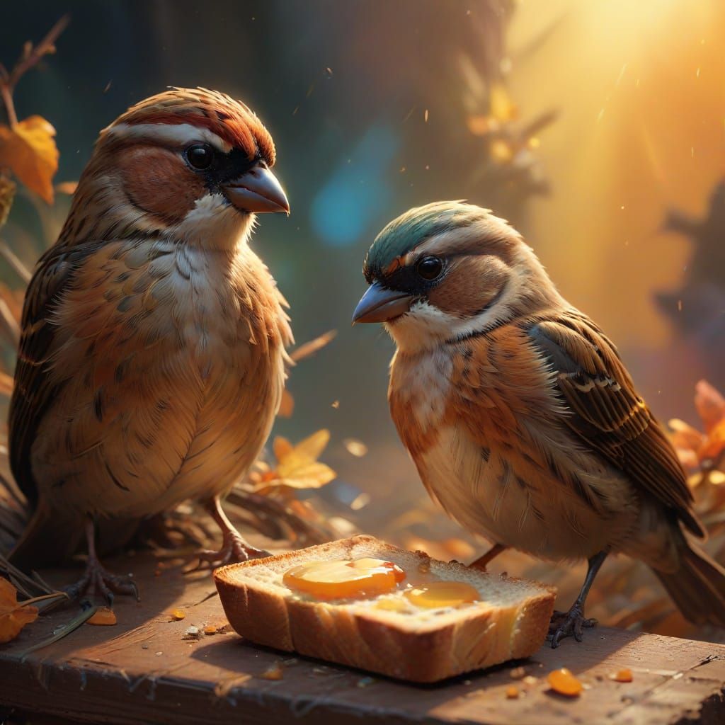 Sparrows Share Bread in Warm Golden Light