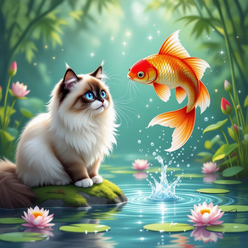 Curious Birman Cat Meets Leaping Koi in Storybook Art