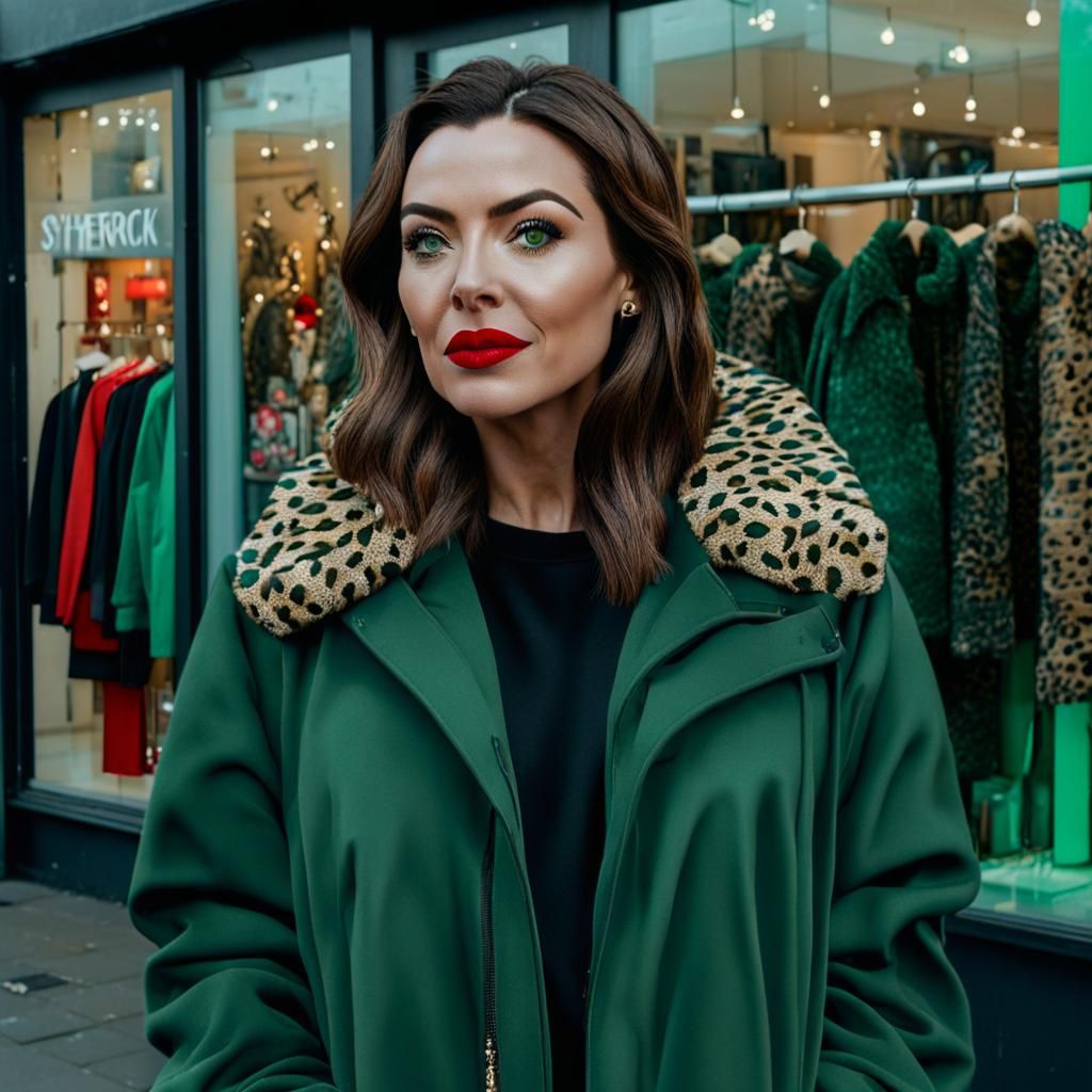 Fashionable Woman Outside Clothing Shop: Digital Matte Paint...