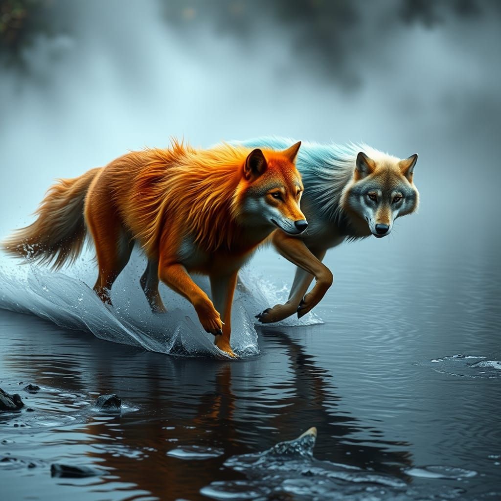 Elemental Wolves Running by River in Hyperrealistic Style