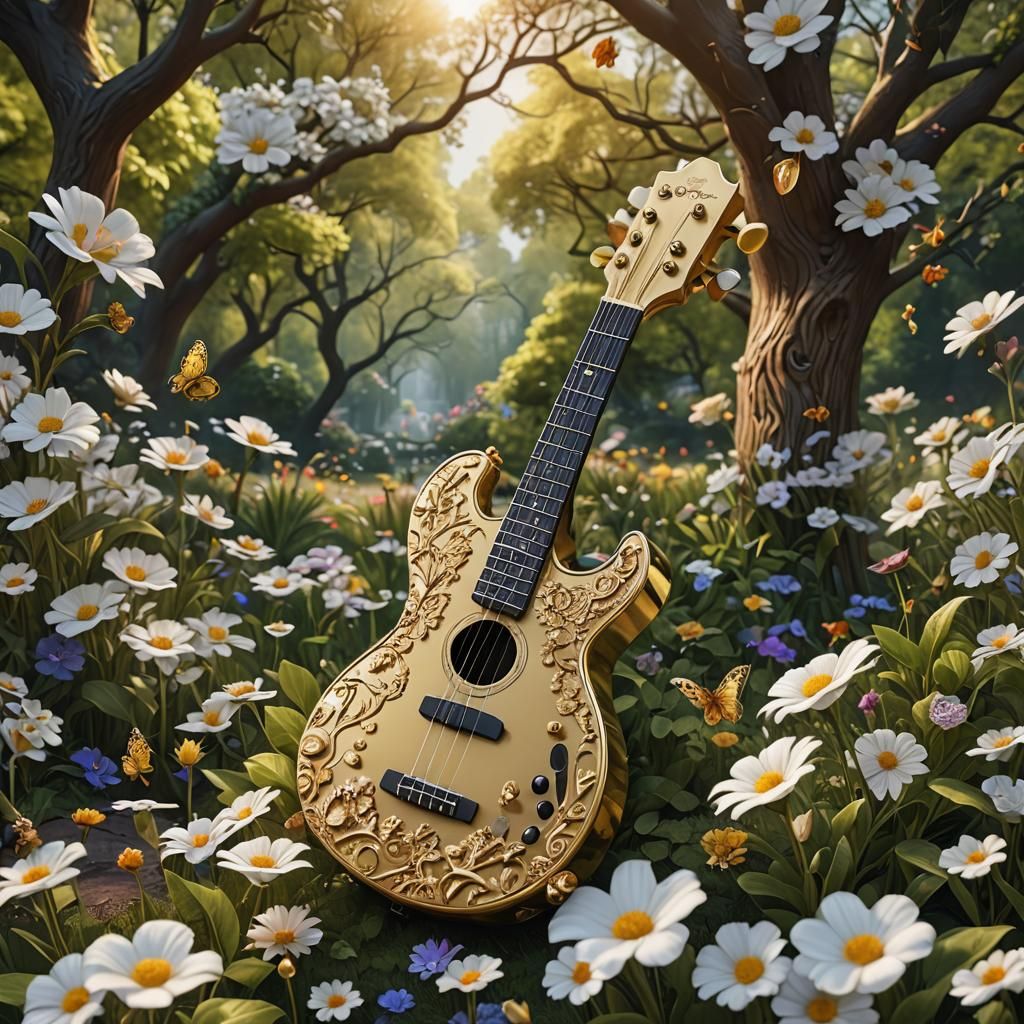 White Guitars on Park Bench, Detailed Matte Painting