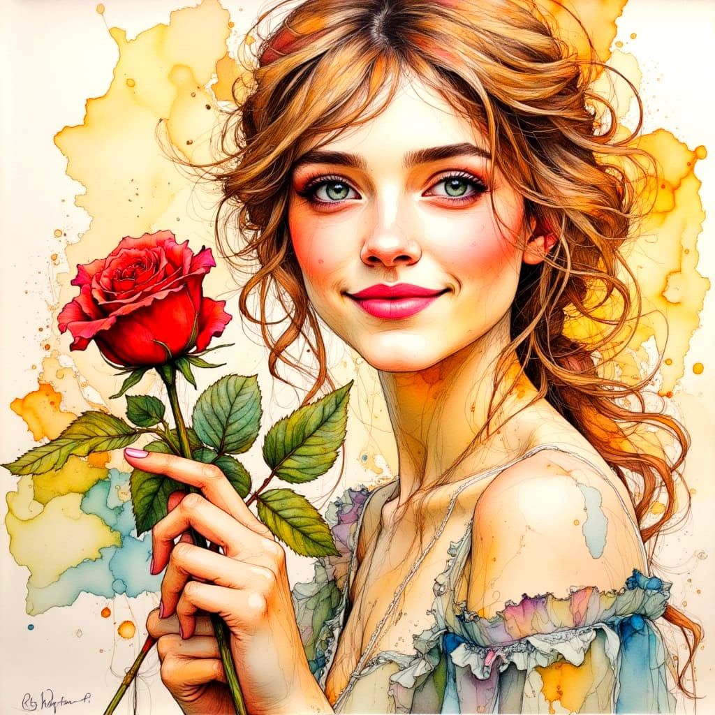 Belle with Rose: Detailed Pen and Ink Masterpiece