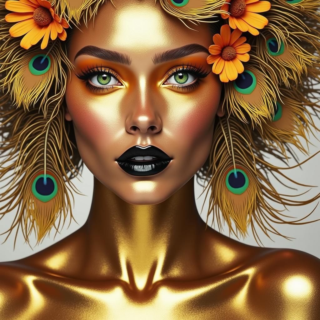 Golden Woman with Peacock Hair, Art Nouveau Style