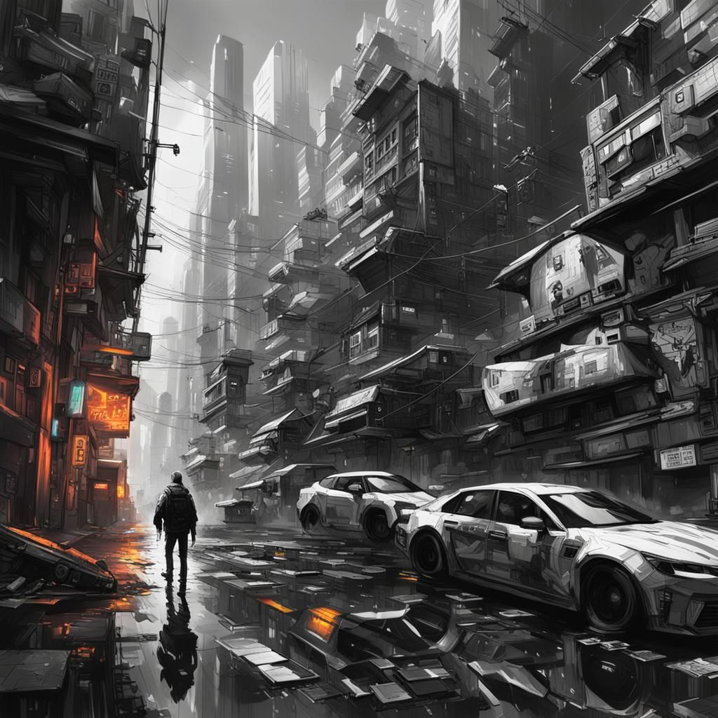 Dramatic Black and White Cyberpunk City
