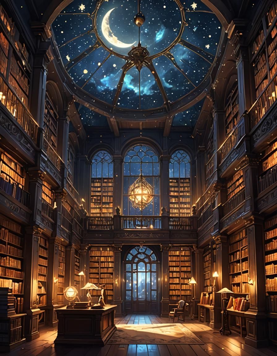 Luminescent Stars Illuminate Ancient Library in Vaporwave St...