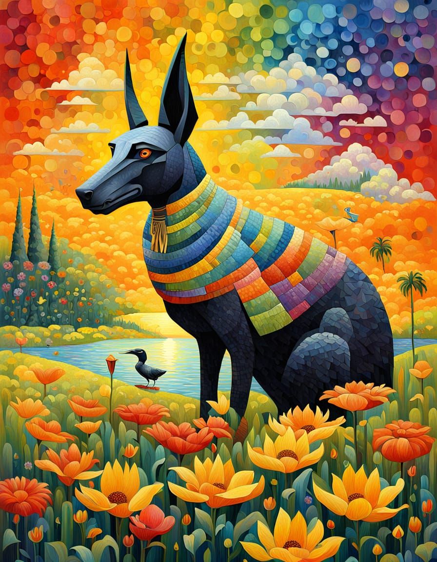 Anubis in Impressionist Style with Rainbow and Duck