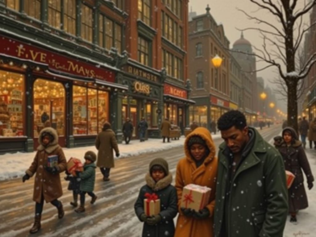 Family Exits Store on Christmas Eve in Nostalgic Art