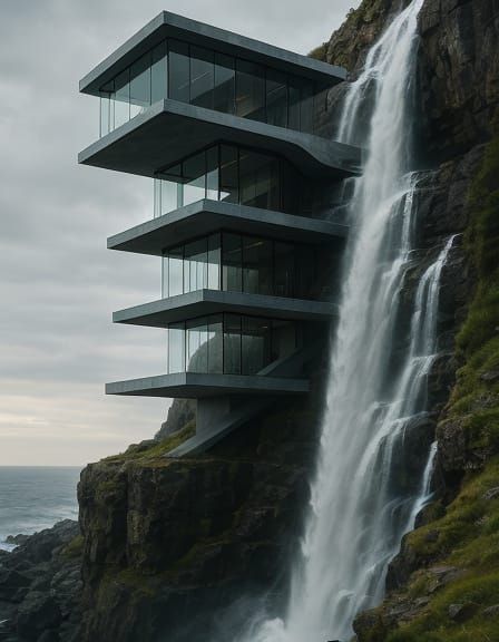 Futuristic Cliffside Villa with Cascading Waterfall