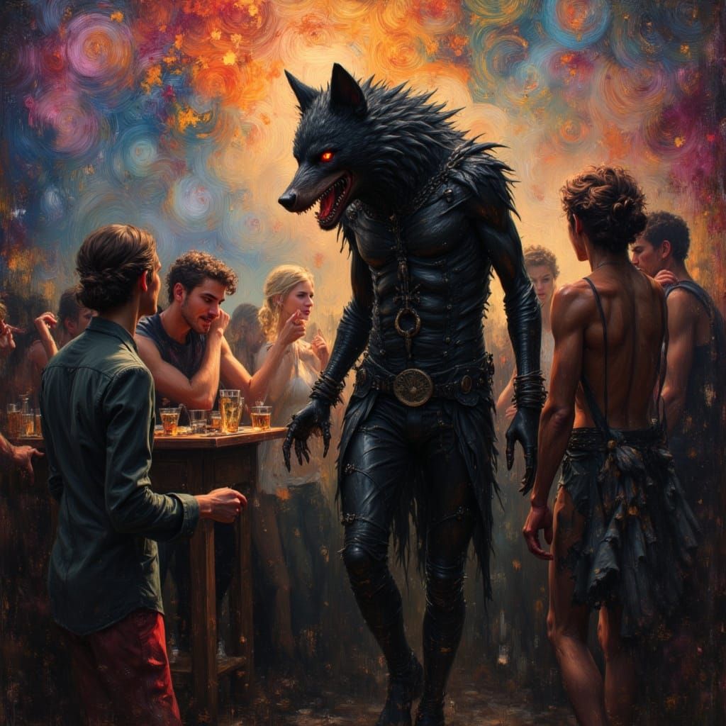 Werewolf at Psychedelic Party in Hyperrealist Style