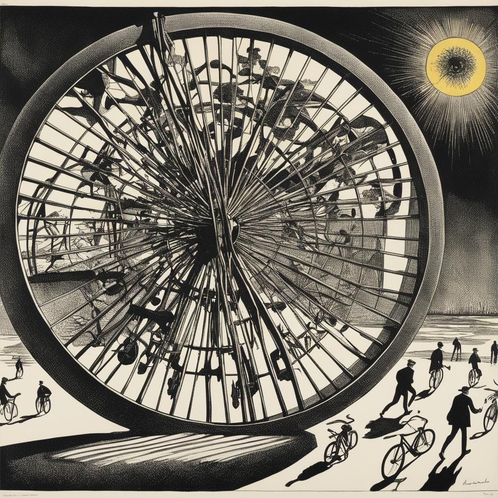 Surrealist Bicycle Wheel in Dadaist Lithograph Style