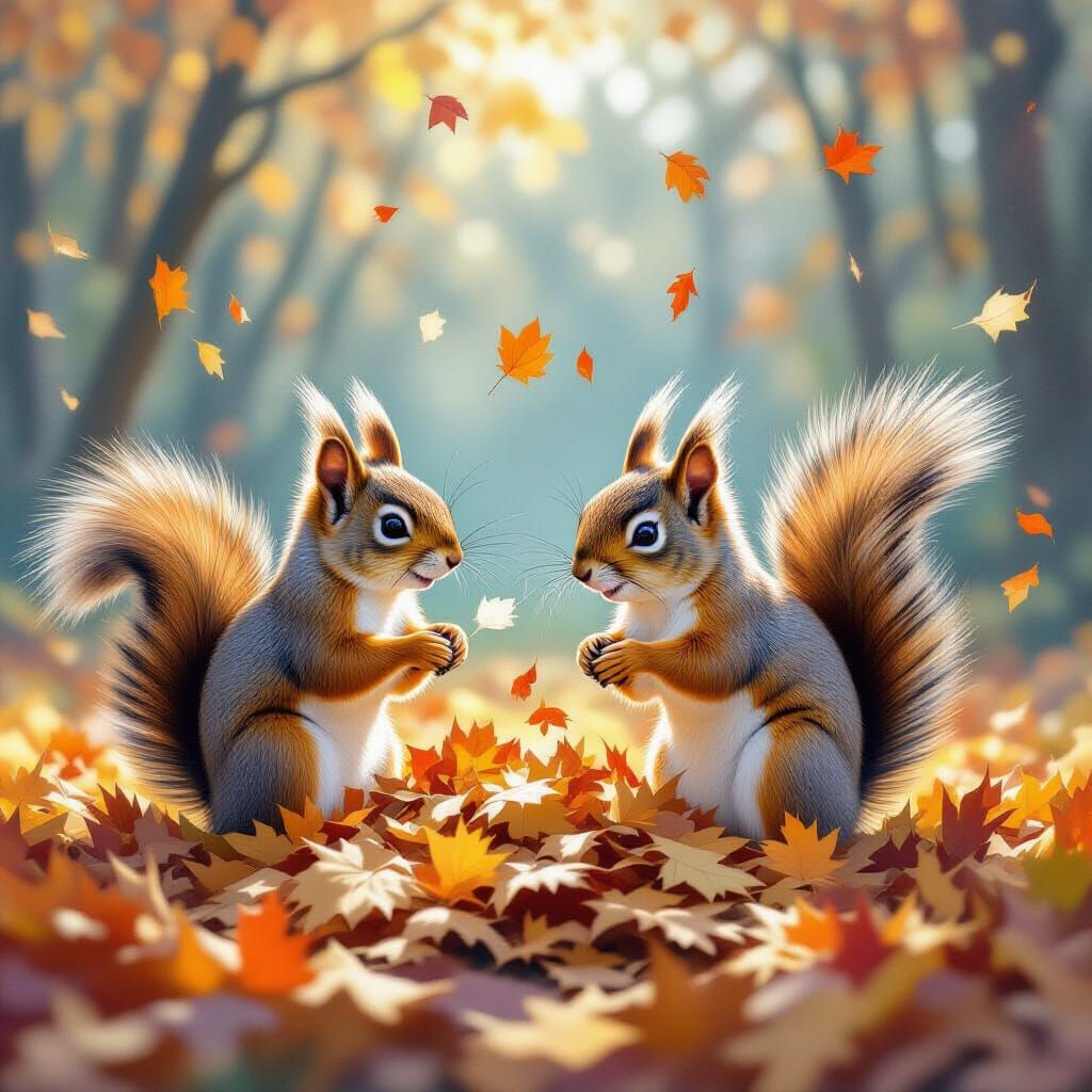 Two Squirrels Play in Autumn Leaves