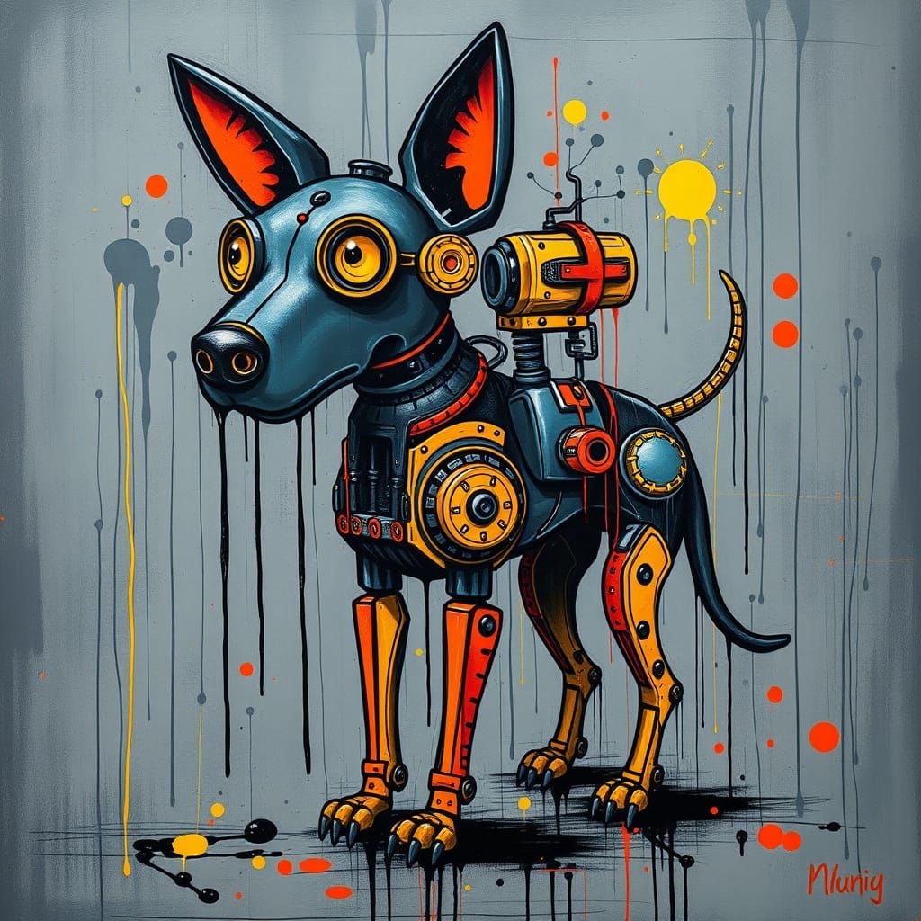 Surreal Steampunk Biomechanical Dog in Retrofuturistic Color...