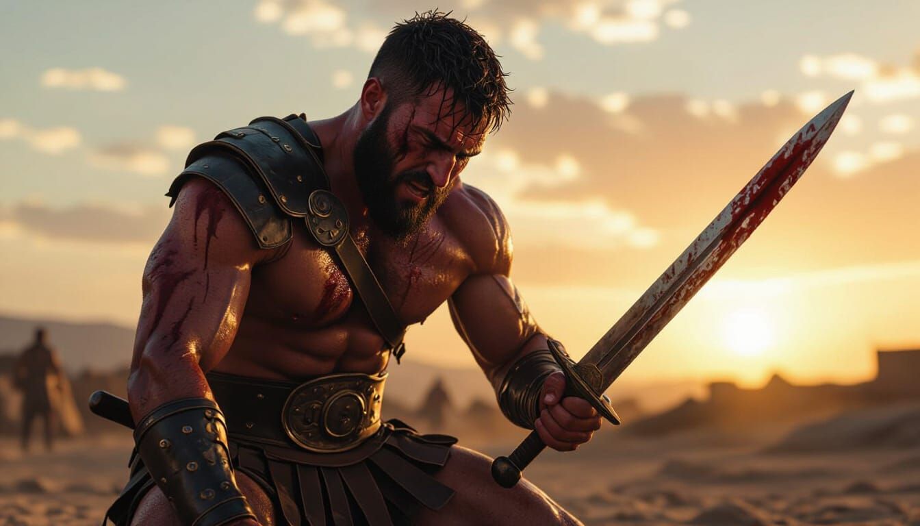 Exhausted Gladiator Gripping Sword in Dusty Arena