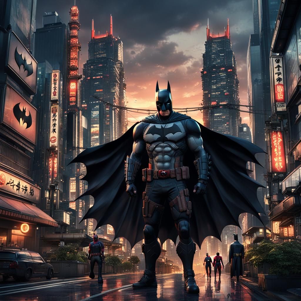 Deadpool and Batman in Tokyo Sunset: Fantasy Concept Art