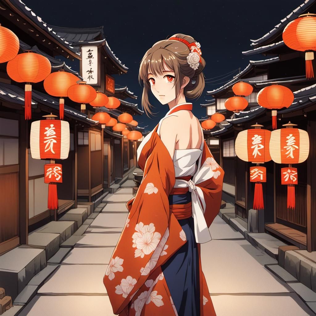 Anime Woman on Japanese Street in Ukiyo-e Style