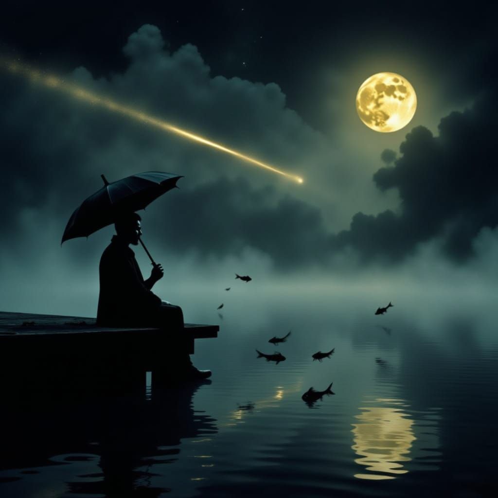 Sorrowful Figure Under a Bright Quarter Moon