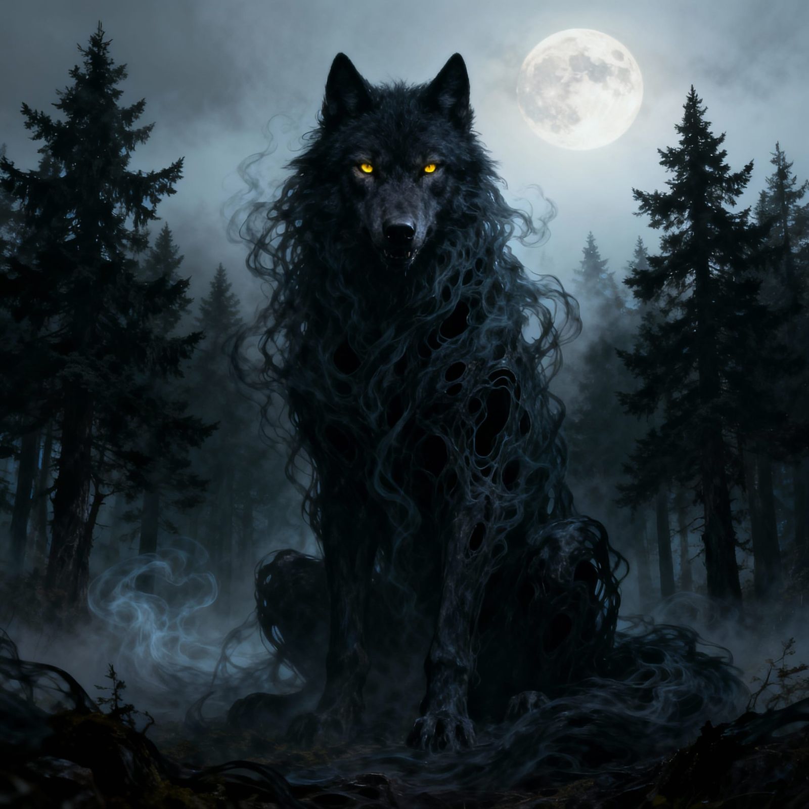 Ethereal Shadow Wolf in Moonlit Forest