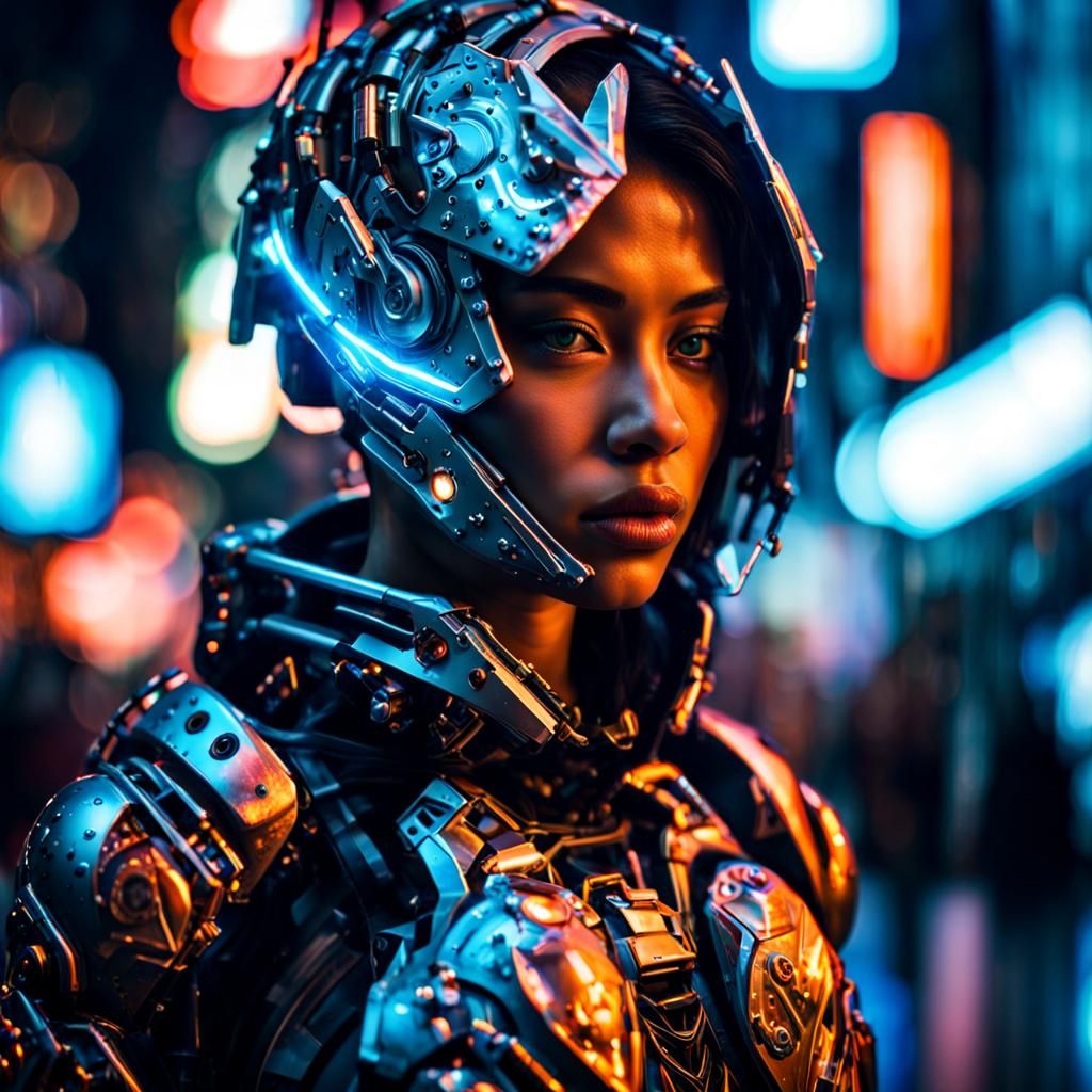 Cyborg Girl Portrait in Neon City at Night