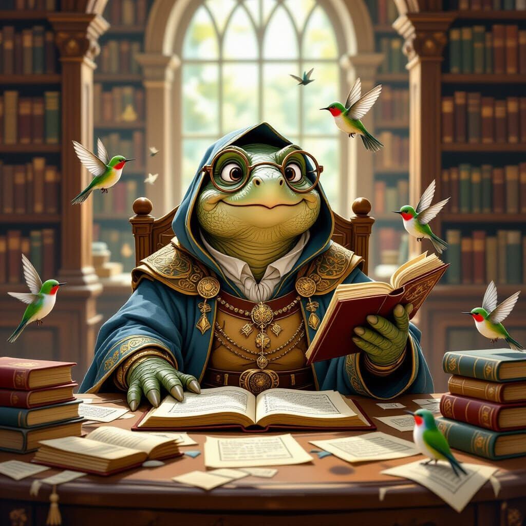 Tortoise Mystic in Cozy Library, Painterly Style