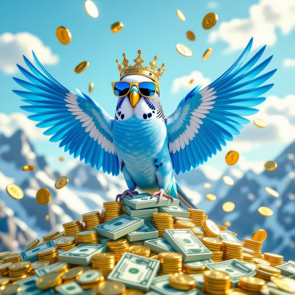 Budgie King on Mountain of Money