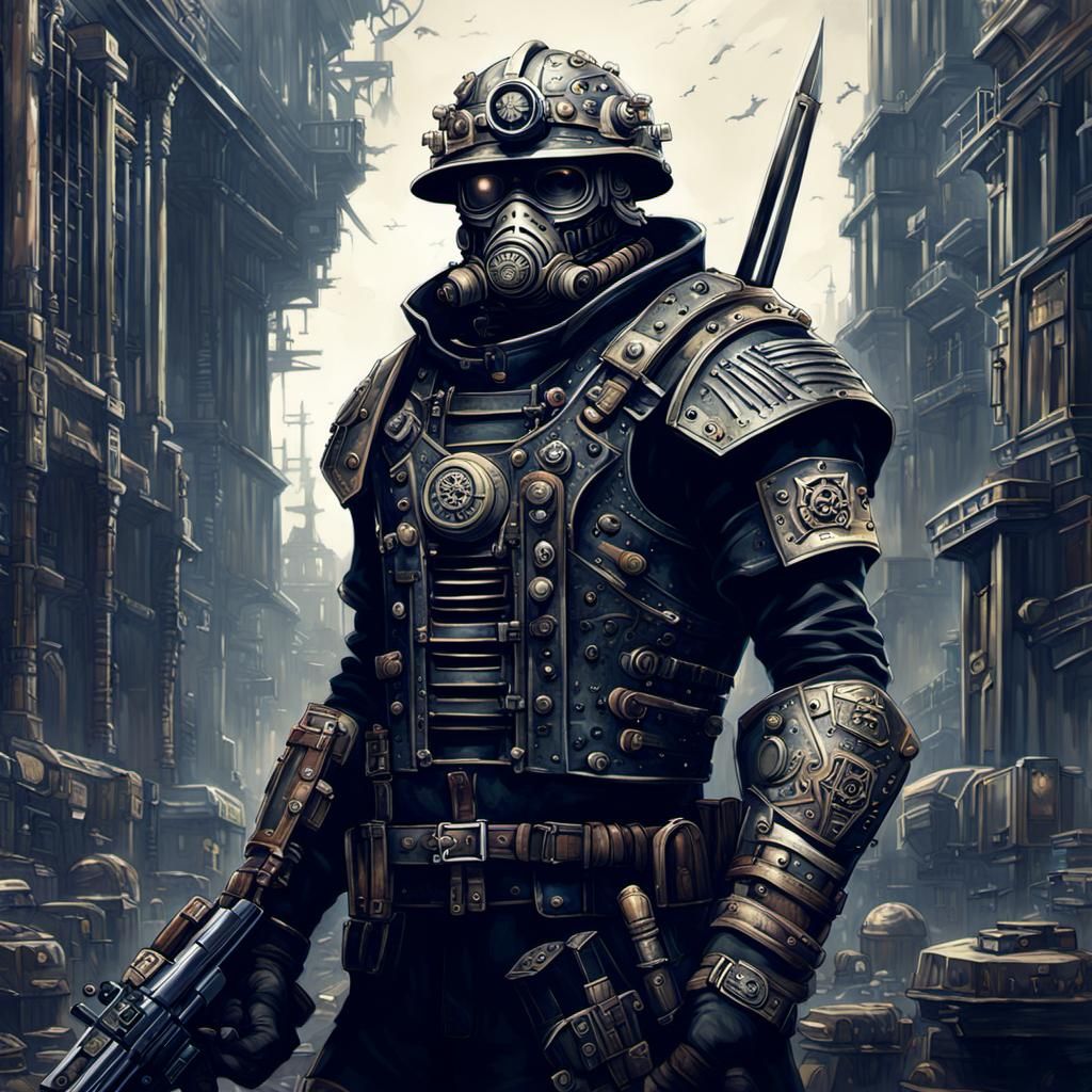 Dieselpunk Warrior in Dystopian Landscape, Detailed 16k