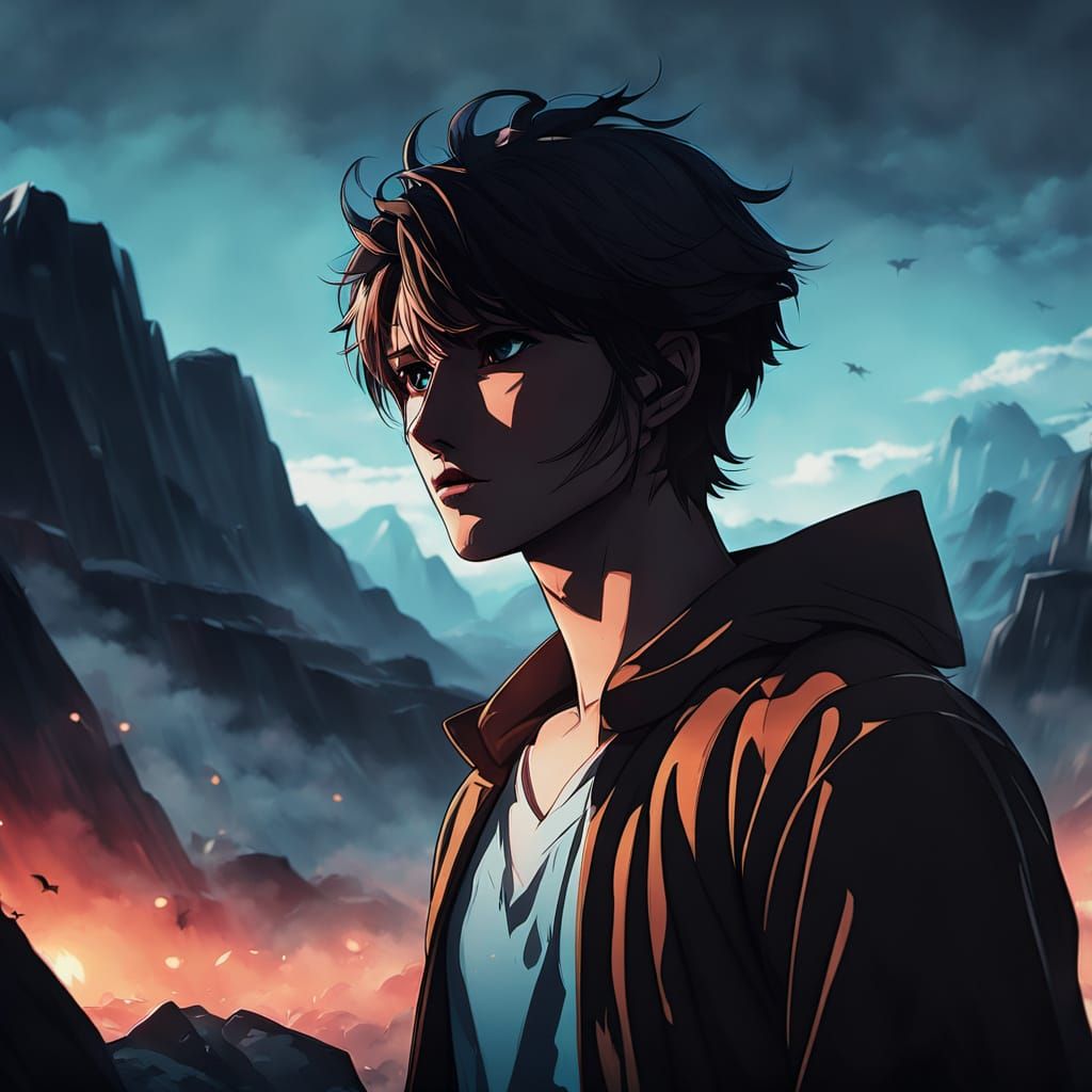 Vibrant Anime Hero Stands Triumphant in Epic Landscape