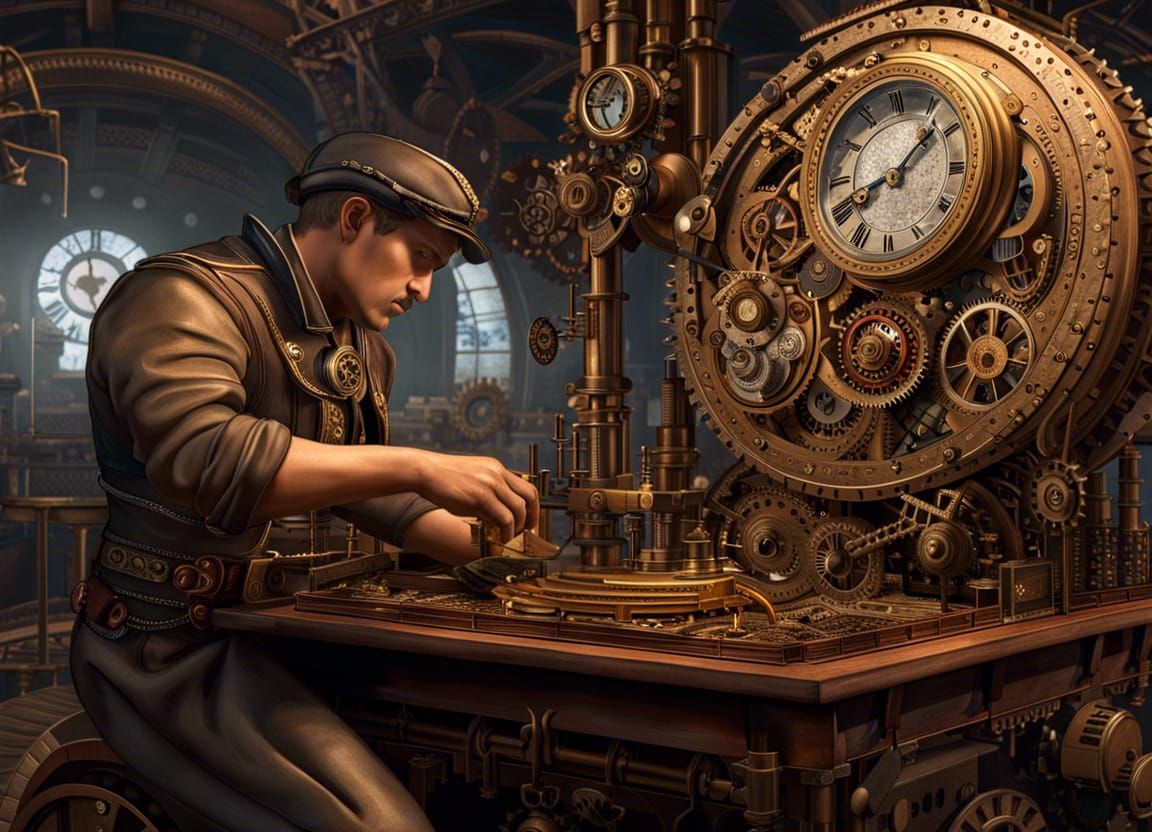 Steampunk Engineer Assembling Clock in Detailed Factory