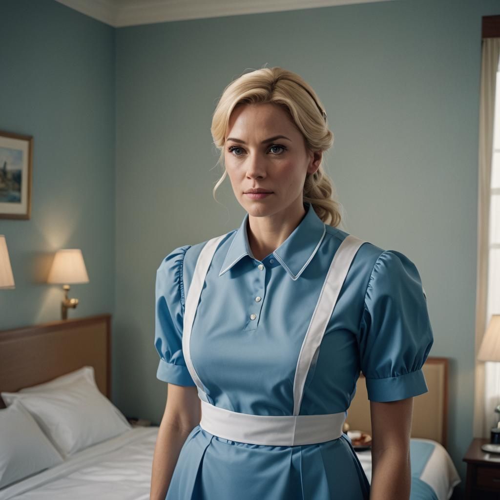 Blonde Maid in Hotel Room: Cinematic Film Still