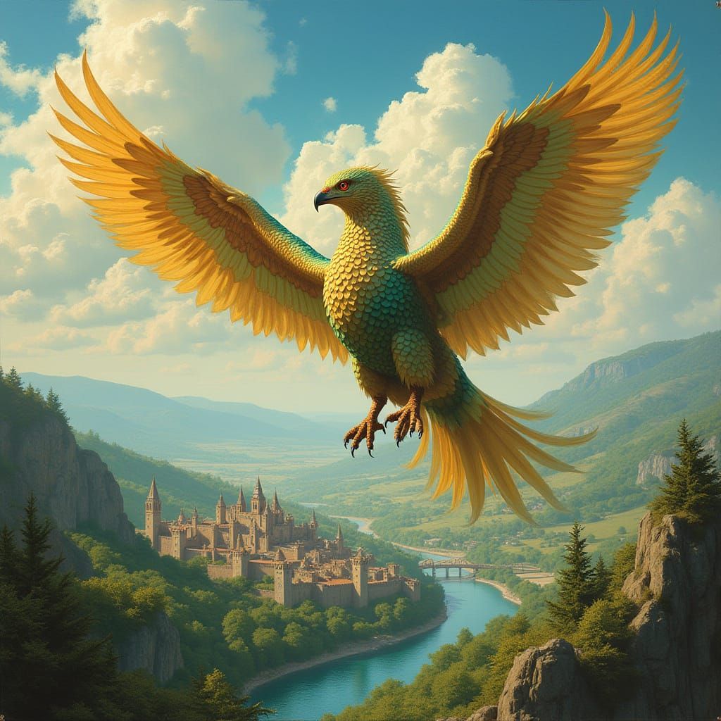 Elegant Griffin Soars Over a Medieval Kingdom in Classic Oil...