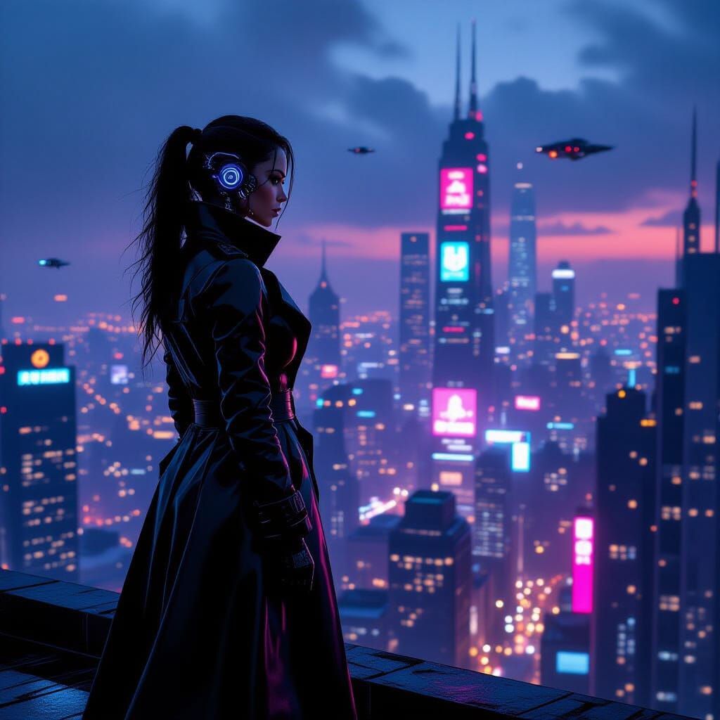 Cyberpunk Woman on Rooftop in Neon City