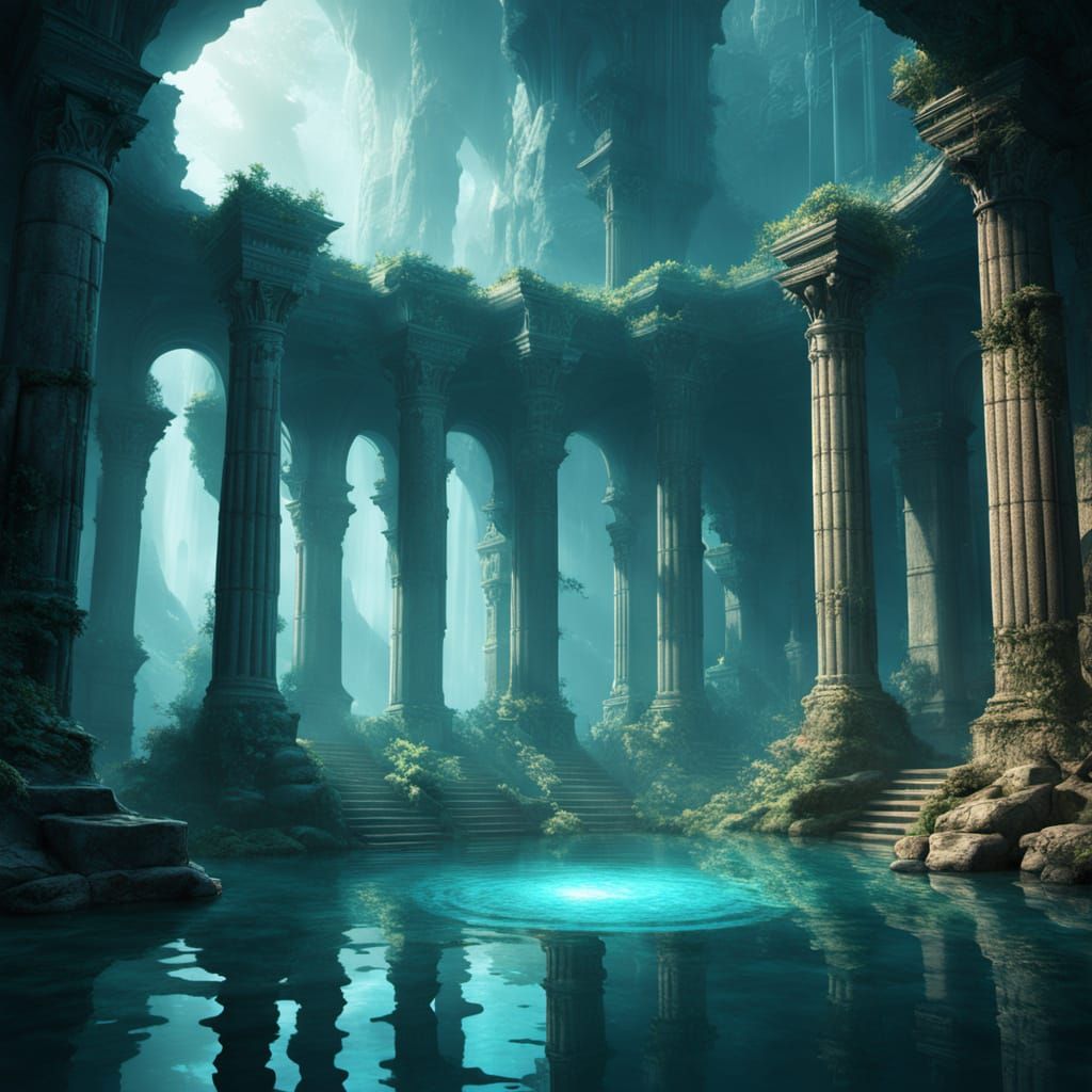 Mystical Underwater Temple Held by Stone God