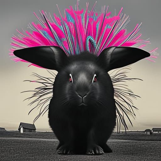 Surreal Giant Black Rabbit in Urban Dreamscape
