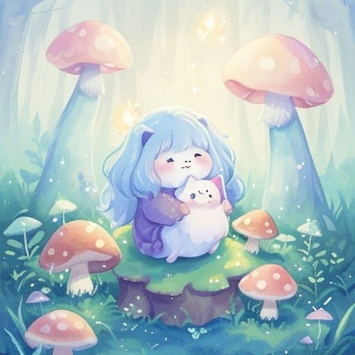 Whimsical Watercolor Magik Fluf Puppy in Enchanted Forest