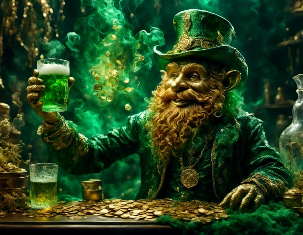 Leprechaun in Translucent Green Outfit with Gold