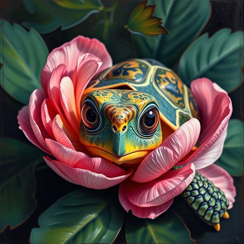 Vibrant Peony Turtle in Cubist Style