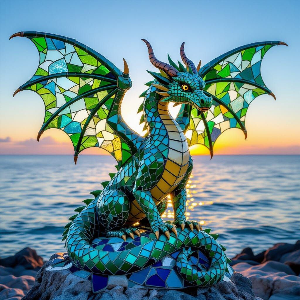 Sea Glass Dragon Sculpture at Azure Sunset