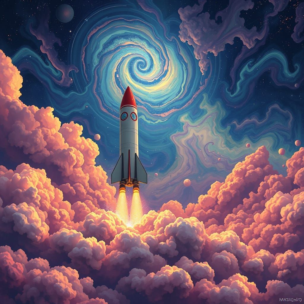 Classic Rocket Ship in Cosmic Astral Clouds