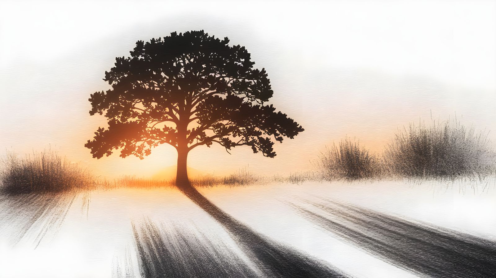 Serene Landscape with Elongated Tree Silhouette in Charcoal ...