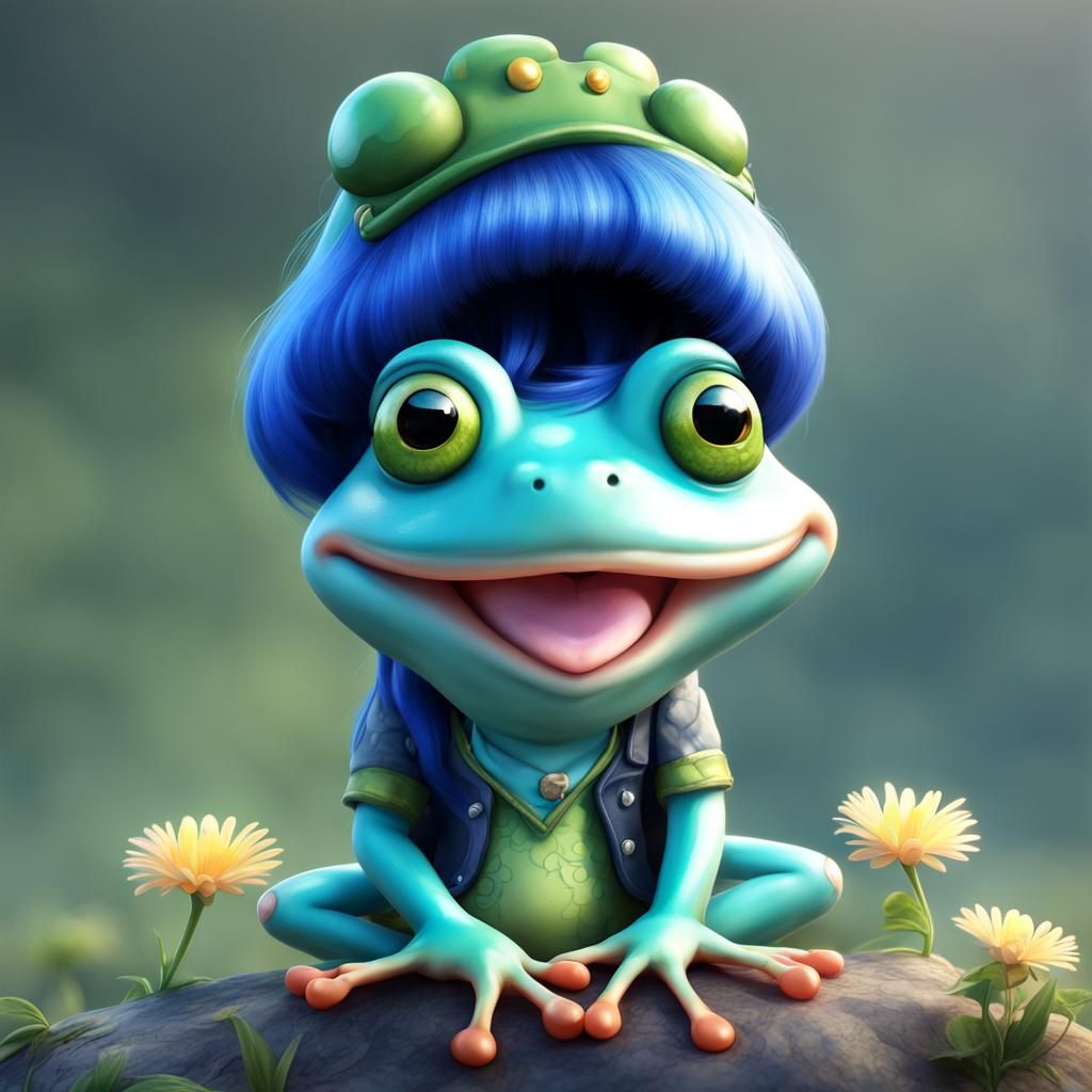 Adorable Frog Character with Blue Wig Digital Art