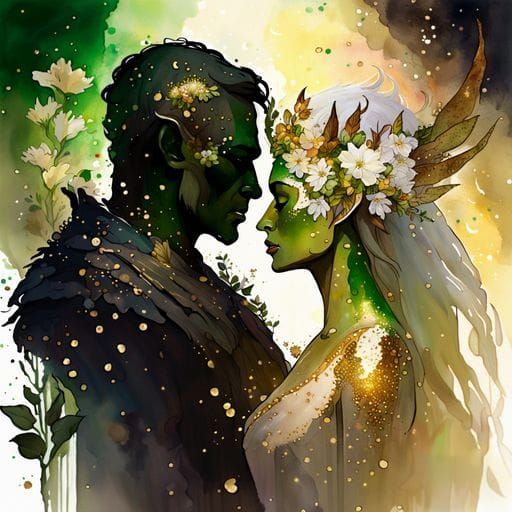 Orc Knight and Elf Warrior Couple in Watercolor