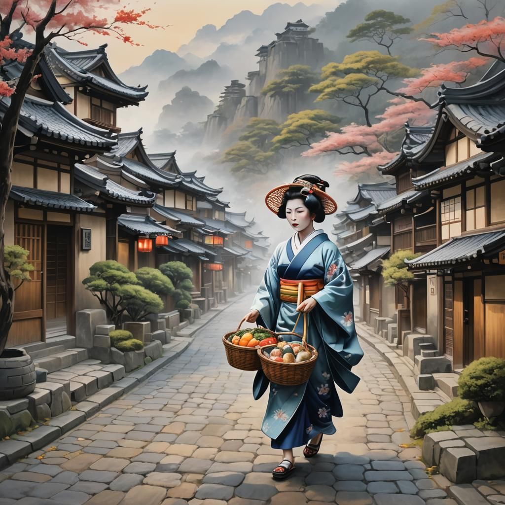 Geisha in Misty Village: A Kiyo-e Style Painting