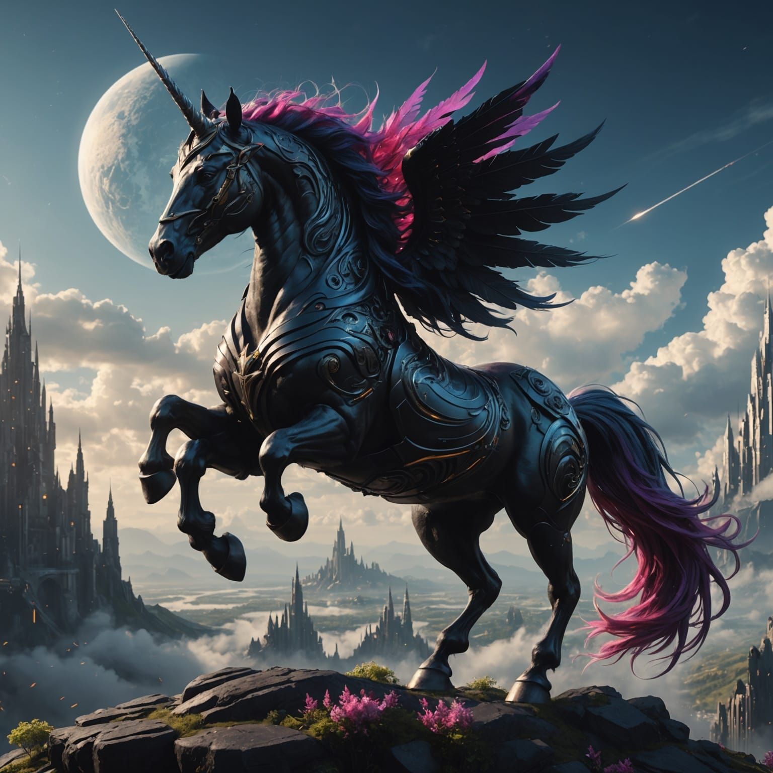 Hyperfuturistic Unicorn Ascends, Detailed Matte Painting