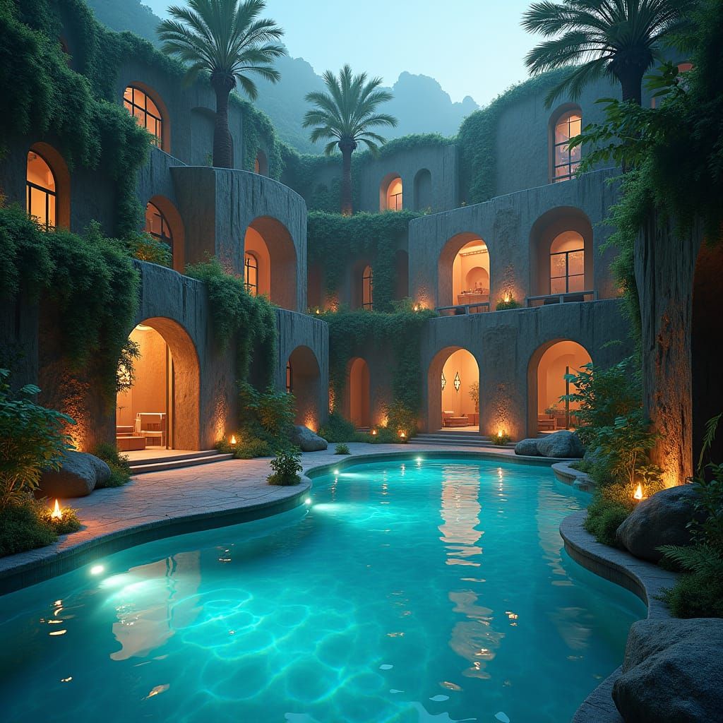 Ethereal Liminal Pool Complex at Dusk: Matte Painting